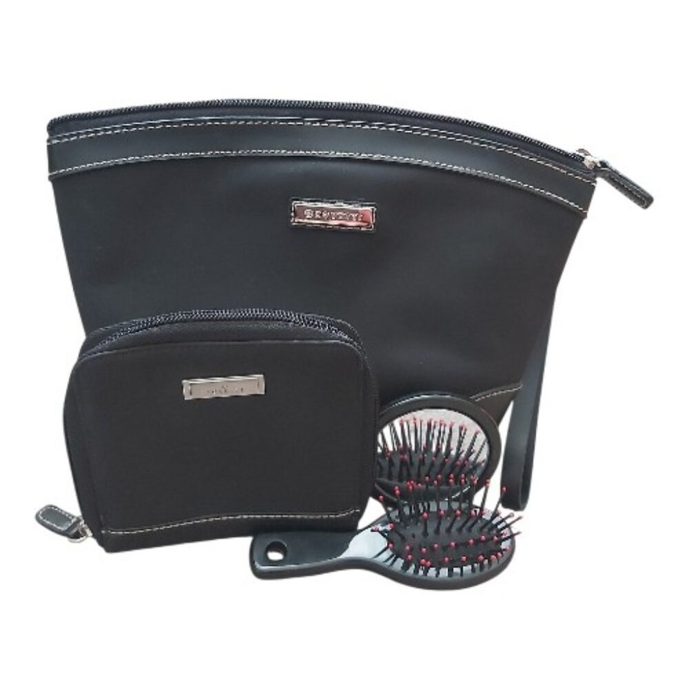 Rosetti Black Nylon Cosmetic Makeup Bag Set w/ Brush & Mirror Large Travel Pouch